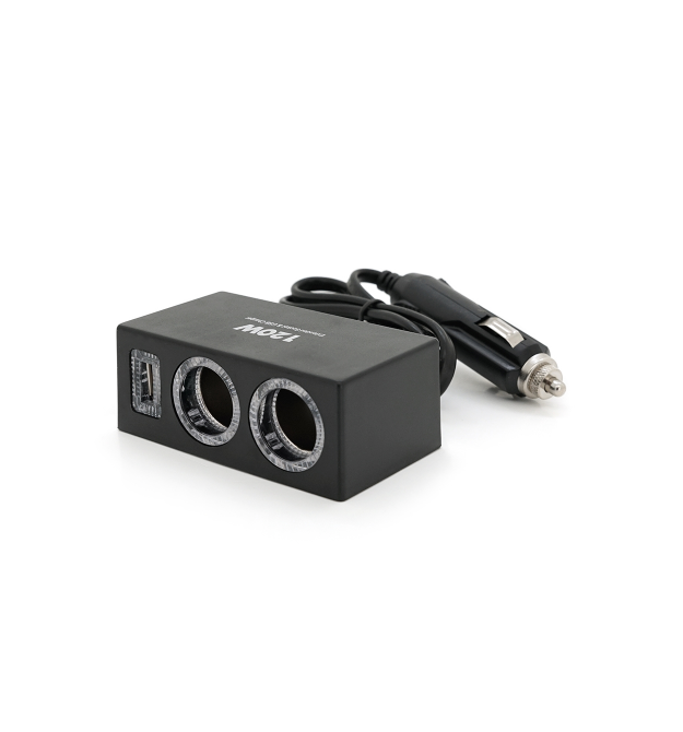 АЗУ розгалужувач Olesson 1522, 12V-2*12V+USB, Black, Blister