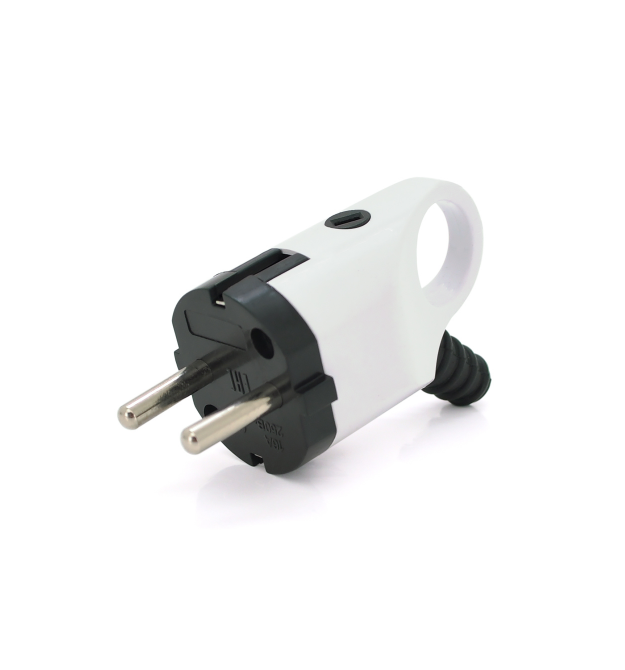 Вилка ЄврEuro plug with earthing, angled with ring, dismountable, 16A 220V, white, Q30о із заземленням кутова з кільцем, розбірн