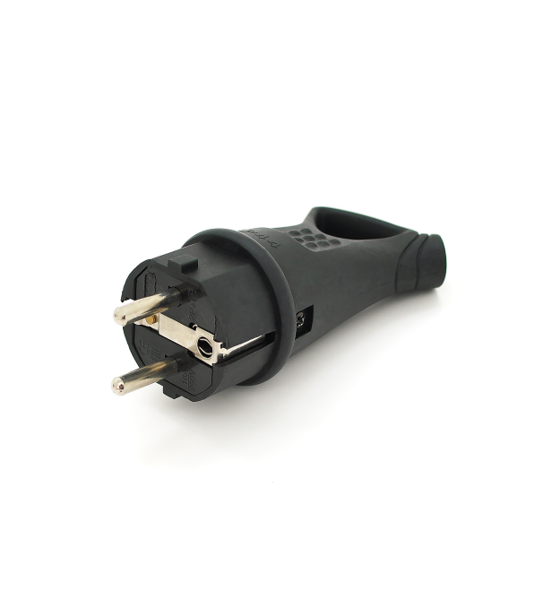 Вилка Євро із заземленням кутова з кільцем, розбірна, каучук, IP44, 16А 220V, колір чорний, Q30