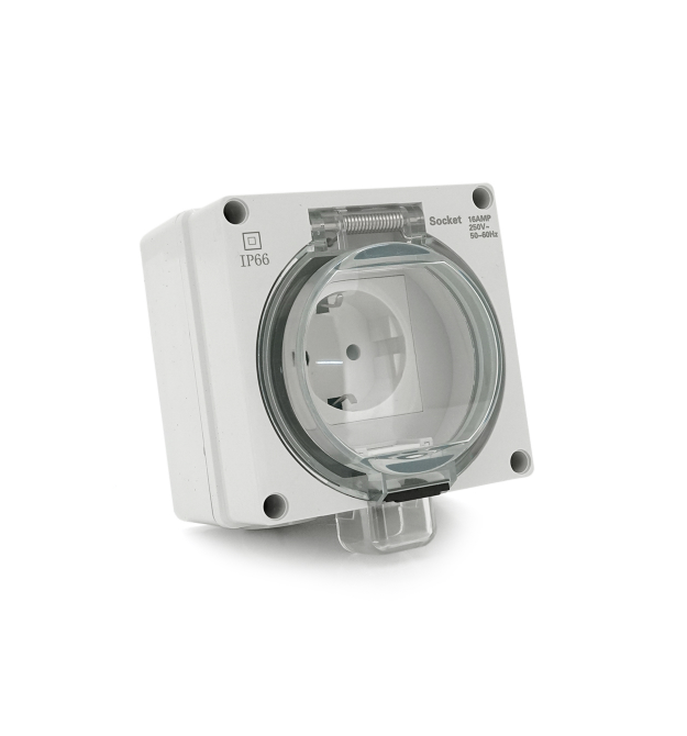Розетка із заземленням зовнішнього монтажу, водонепроникна, IP66, AC:110-250, 16A, White