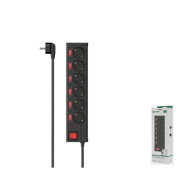 HAMA Подовжувач-фільтр мережевий 6хТип F, 3х1.5мм2, 16А, 1,4м, чорний