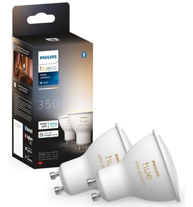 Philips Hue Лампа умная GU10, 5W(50Вт), 2200K-6500K, Tunable white, ZigBee, Bluetooth, диммирование, 2шт