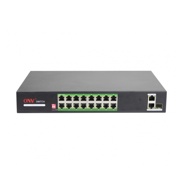 16ти порт PoE комутатор з автоперезапуском ONV-H1016PLD 16 РоЕ 100Мбіт + 2 Uplink 1000Мбіт + 1 SFP 1000Мбіт, до 250м, IEEE802.3a