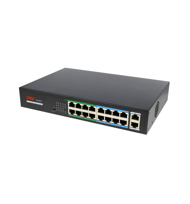 16ти портовый PoE коммутатор ONV-H1016PLS 16 портов РоЕ 100 Мбіт + 2 Uplink 1000 Мбіт, до 250м, IEEE802.3af - at , общая мощност