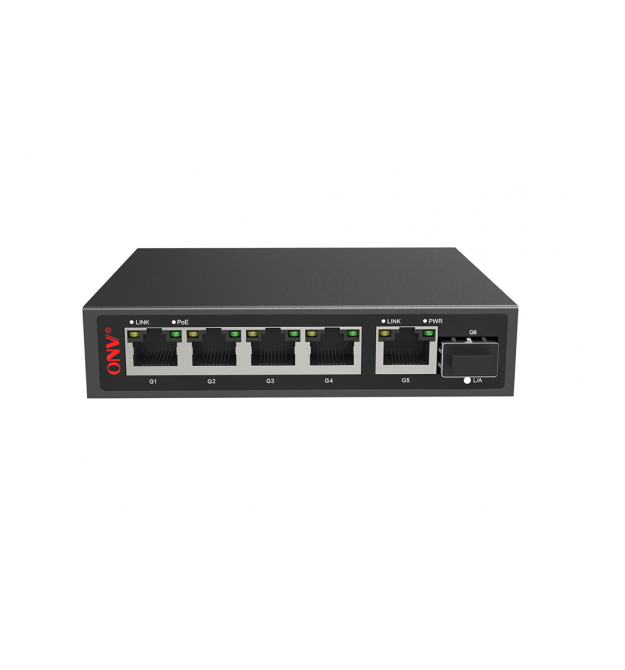 4х портовий PoE Full Gigabit комутатор ONV-POE33108PFG, 4xPoe1000Мбіт + 2х1000 Мбіт + 1хSFP 1000Мбіт, до 250м, IEEE802.3af - at,