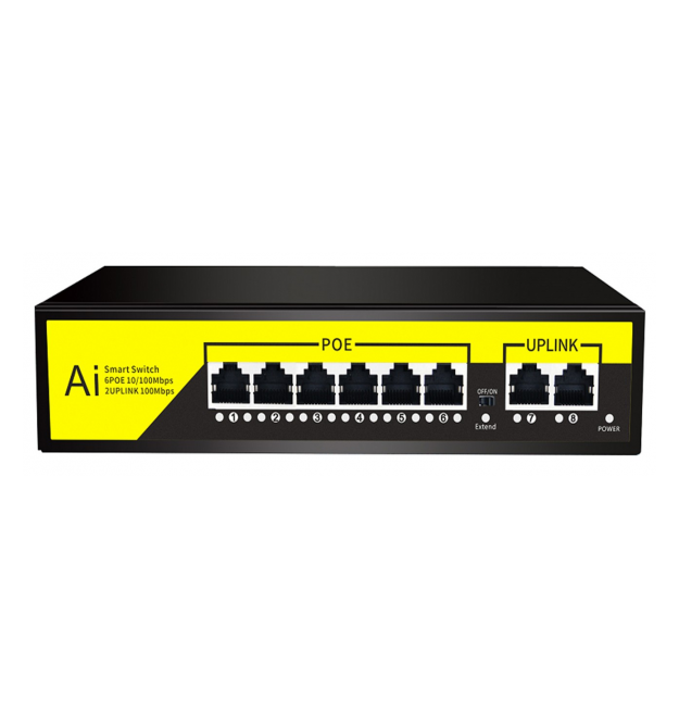 POE комутатор Merlion 6 POE 10 - 100 + 2 RJ45 10 - 100 вбудований блок живлення 52V 1.25A