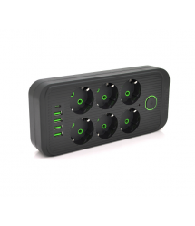 Мережевий фільтр F06U, 6 розеток EU + 4 USB+1PD, кнопка включення з індикатором, 2 м, 3х0, 75мм, 2500W, Black, Box