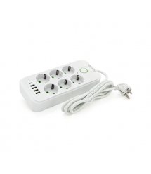 Сетевой фильтр F06U, 6 розеток EU + 4 USB + 1PD, кнопка включения с индикатором, 2 м, 3х0,75мм, 2500W, White, Box