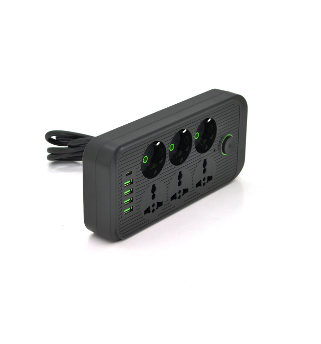 Мережевий фільтр F07U, 6 розеток (3 EU+3 Universal) + 4 USB + 1PD, кнопка включення з індикатором, 2 м, 3х0,75 мм, 2500W, Black,