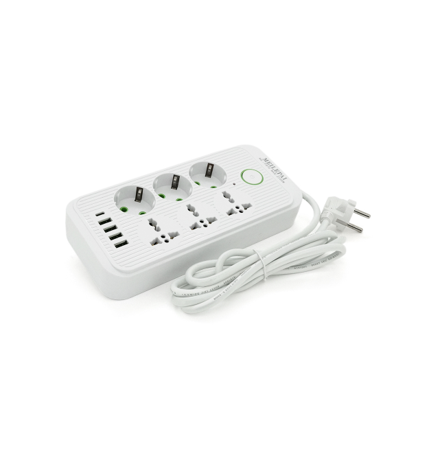 Фільтр F07U, 6 розеток (3 EU+3 Universal) + 4 USB + 1PD, кнопка включення з індикатором, 2 м, 3х0,75мм, 2500W, White, Box