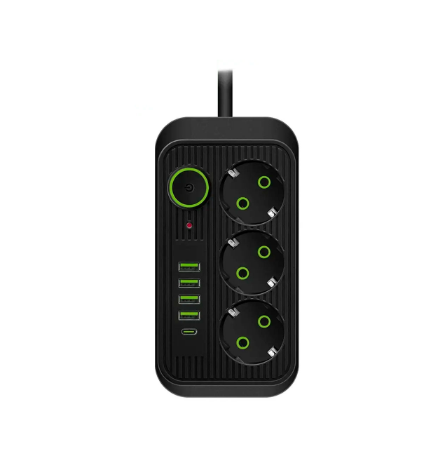 Фільтр F09U, 3 розетки EU + 4 USB + 1PD, кнопка включення з індикатором, 2 м, 3х0,75мм, 2500W, Black, Box