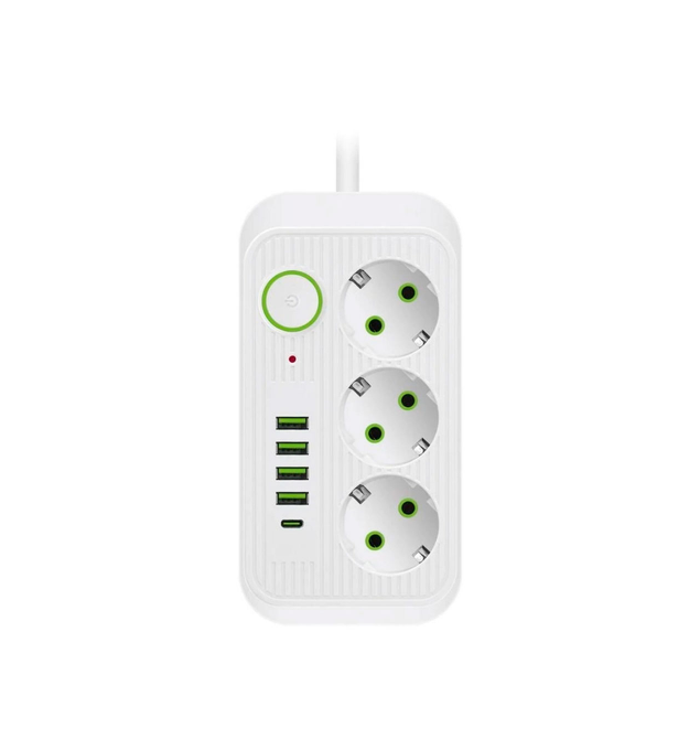 Фільтр мережі F09U, 3 розетки EU + 4 USB + 1PD, кнопка включення з індикатором, 2 м, 3х0,75мм, 2500W, White, Box
