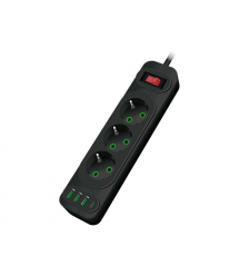 Мережевий фільтр F23U, 3 розетки EU +3 USB + PD, кнопка включення з індикатором, 2 м, 3х0,75мм, 2500W, Black, Box