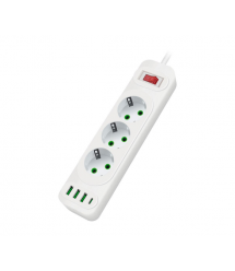 Мережевий фільтр F23U, 3 розетки EU+3 USB+PD, кнопка включення з індикатором, 2 м, 3х0,75мм, 2500W, White, Box