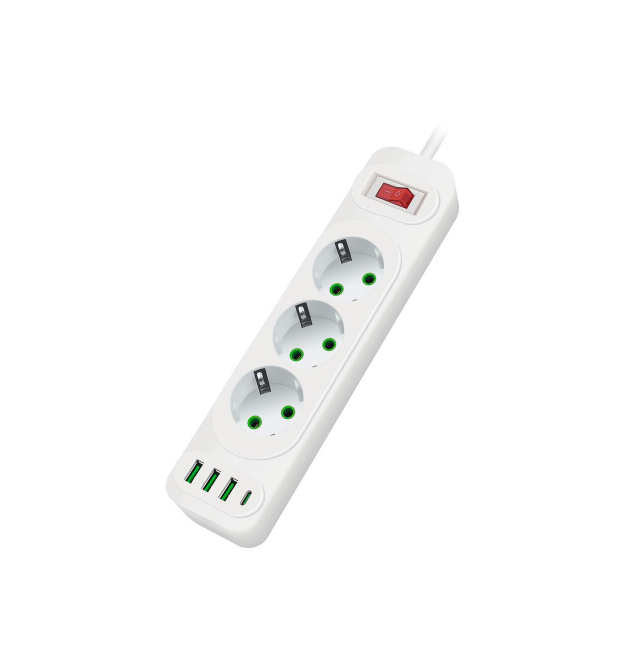 Мережевий фільтр F23U, 3 розетки EU+3 USB+PD, кнопка включення з індикатором, 2 м, 3х0,75мм, 2500W, White, Box