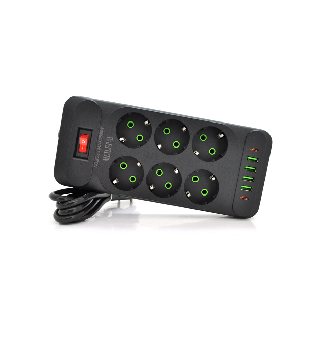 Мережевий фільтр F33U, 6 розеток EU + 4 USB + 2 PD, кнопка включення з індикатором, 2 м, 3х0,75 мм, 2500W, Black, Box