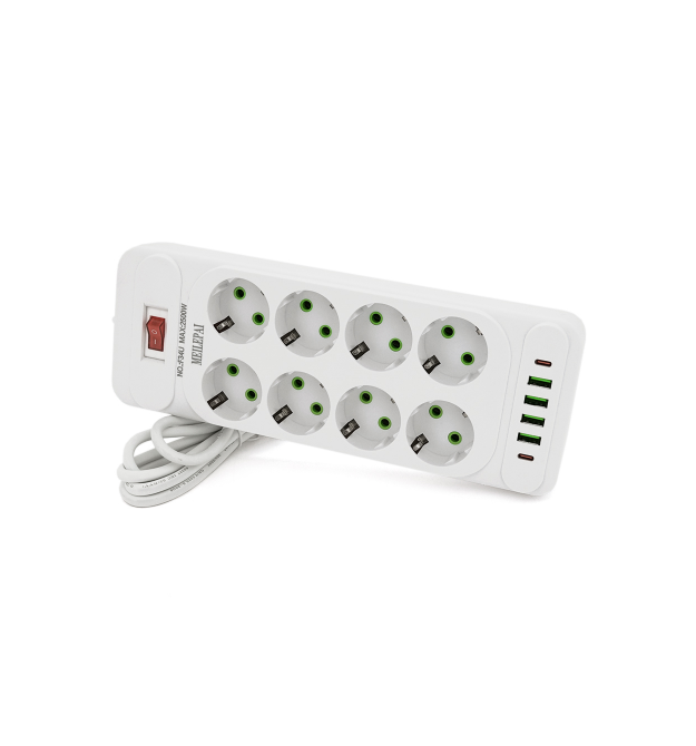 Мережевий фільтр F34U, 8 розеток EU + 4 USB + 2 PD, кнопка включення з індикатором, 2 м, 3х0,75 мм, 2500W, White, Box