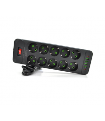 Мережевий фільтр F35U, 10 розеток EU + 4 USB + 2 PD, кнопка включення з індикатором, 2 м, 3х0,75 мм, 2500W, Black, Box