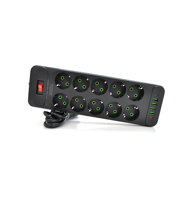 Мережевий фільтр F35U, 10 розеток EU + 4 USB + 2 PD, кнопка включення з індикатором, 2 м, 3х0,75 мм, 2500W, Black, Box