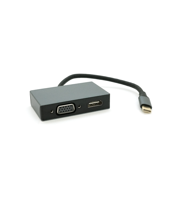 Хаб Type-C(тато) пластиковий, HDMI(мама)+VGA(мама)+USB3.0(мама)+PD(мама), 23cm, Silver