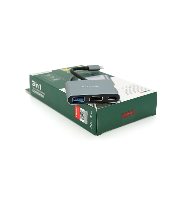 Конвертор iKAKU KSC-750 SHIXIN 3 in 1 (Type-C(тато) to HDM(мама)+USB 3.0(мама)+PD(мама) 10cm, Silver, Box