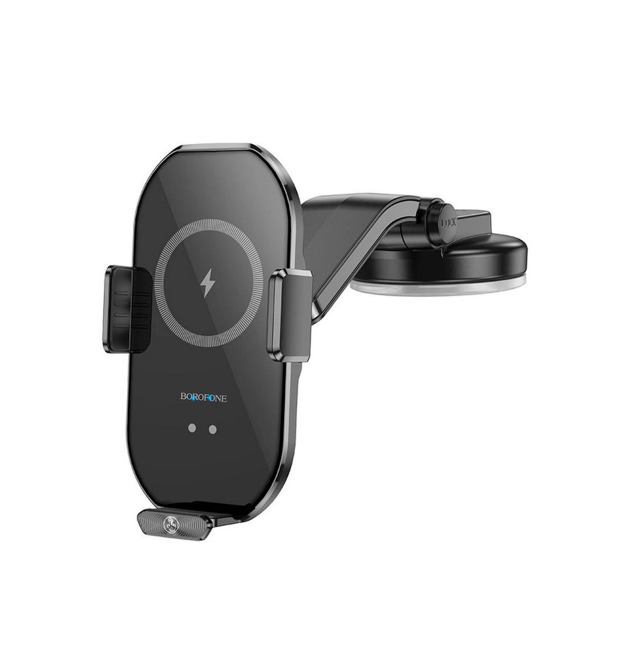 Автодержатель BOROFONE BH206+ Wireless Charging 15W, крепеж на торпеду, защелка 50-90мм, Black, Box