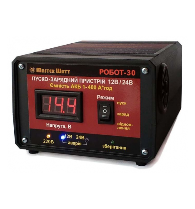 Пуско-зарядне ЗУ РОБОТ-30 для акумуляторів 12 - 24V (1-400Ah) (MF, WET, AGM, GEL, CA - CA), 160-245V, Струм заряду 20А, крокодил