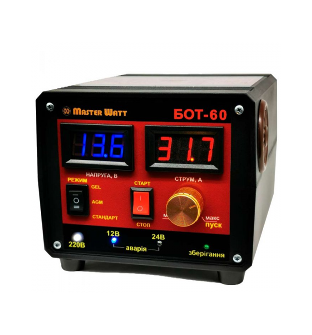 Пуско-зарядне ЗУ БОТ-60 для акумуляторів 12 - 24V (12-900Ah) (MF, WET, AGM, GEL, CA - CA), 160-245V, Струм заряду 60 - 40А, крок