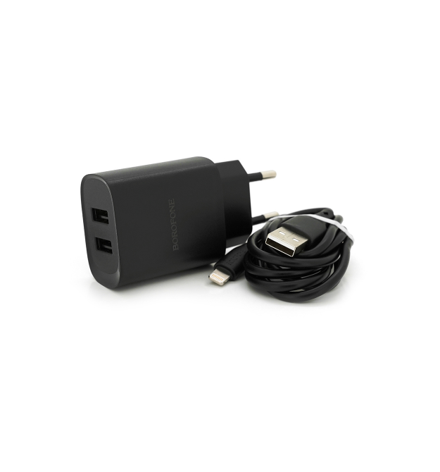 Набір BOROFONE BN2 СЗУ 2xUSB+ кабель Lighting, 2.1A, 1м, Black, Box