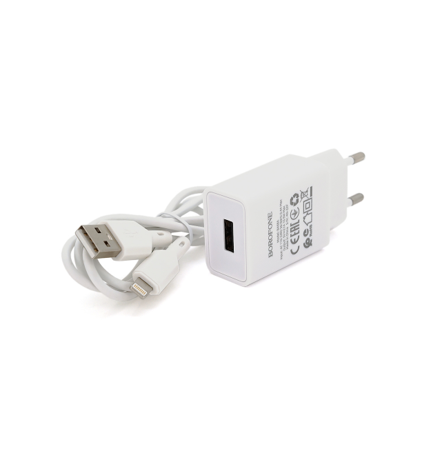 Набір BOROFONE BA68A СЗУ 1xUSB+ кабель iPhone, 2.1A, 1м, White, Blister-box