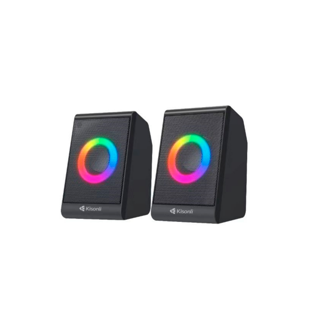 Колонки 2.0 Kisonli X12 для ПК та ноутбука, USB + 3.5mm, 2x3W, 20Hz-20KHz, DC: 5V, RGB light, Black, BOX, Q50