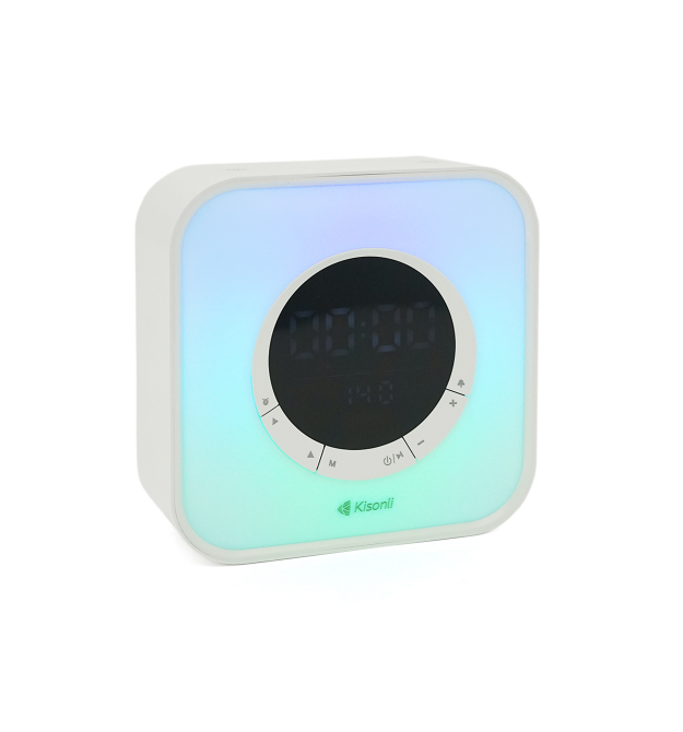 Колонка Kisonli Q6A Bluetooth 5.0, 1х5W, 3600mAh, USB - TF - FM - BT - LED - Clock - RGB Light, DC: 5V - 1A, BOX, Silver, Q30
