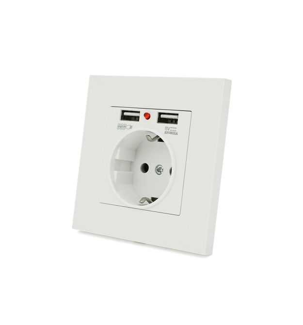 Розетка врізна, Input: AC 100-250V 16A, 2-USB- виходу, White