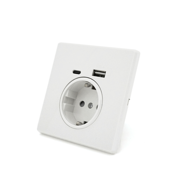 Розетка врізна із заземленням, Input: AC:110-250V - 16A, Type-C - USB-виходи, White