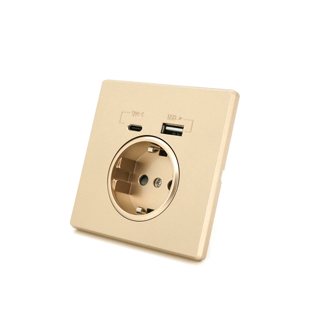 Розетка врізна із заземленням, Input: AC:110-250V - 16A, Type-C - USB-виходи, Gold