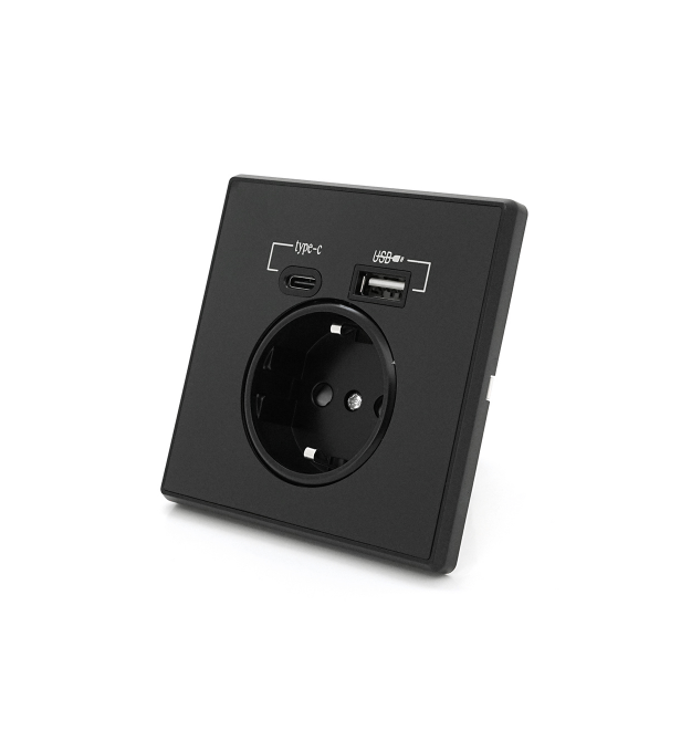 Розетка врізна із заземленням, Input: AC:110-250V - 16A, Type-C - USB-виходи, Black