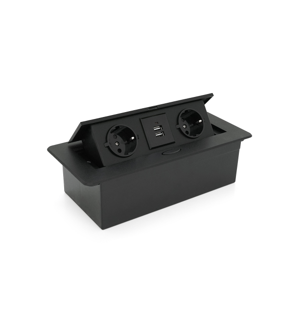 Розетка для підлоги висувна із заземленням J29L, дві розетки + 2 * USB, Input: AC 100-250V 16A, Black