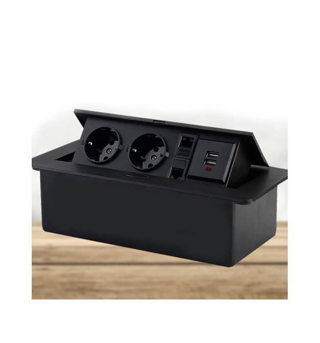 Розетка для підлоги висувна із заземленням J29L, дві розетки + 2 * USB + 2* RJ45, Input: AC 100-250V 16A, Black