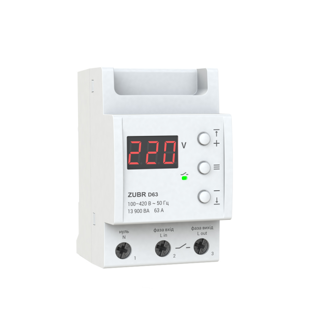 Захисне реле напруги однофазне D63 на DIN-рейку, 63А, 13900ВА, 120-280В, тримодульне з індикатором напруги (Червоний)
