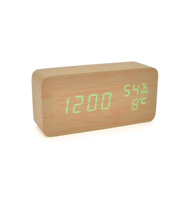Електронний годинник VST-862S Wooden (Green), з датчиком температури та вологості, будильник, живлення від кабелю USB, Green Lig
