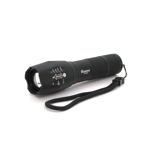 Ліхтар ручний Watton WT-023, 1LED Cree T6, 3W, 5 режимів, ZOOM, 18650 - 2800mah (перехідник 3*AAA), Black, IP44, СЗУ, 130х33х28м