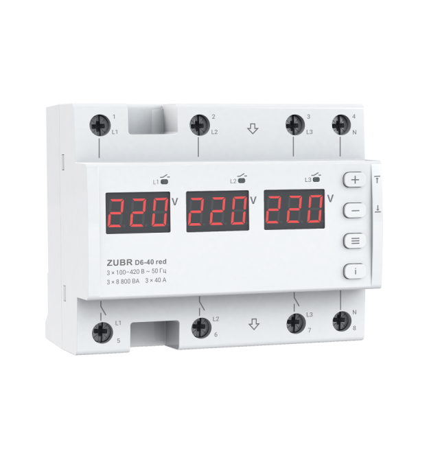 Дворежимне реле напруги однофазне - трехфазне D6-40 на DIN-рейку, 3*40А, 3*8800ВА, 120-280В, шестимодульне з індикатором напруги