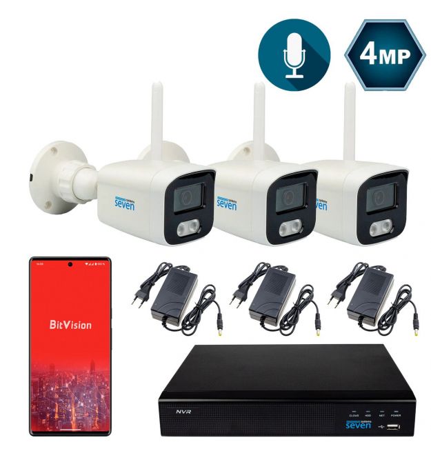Комплект видеонаблюдения на 3 цилиндрические Wi-Fi 4 Мп IP-камеры SEVEN IP-7224WF3-4MP