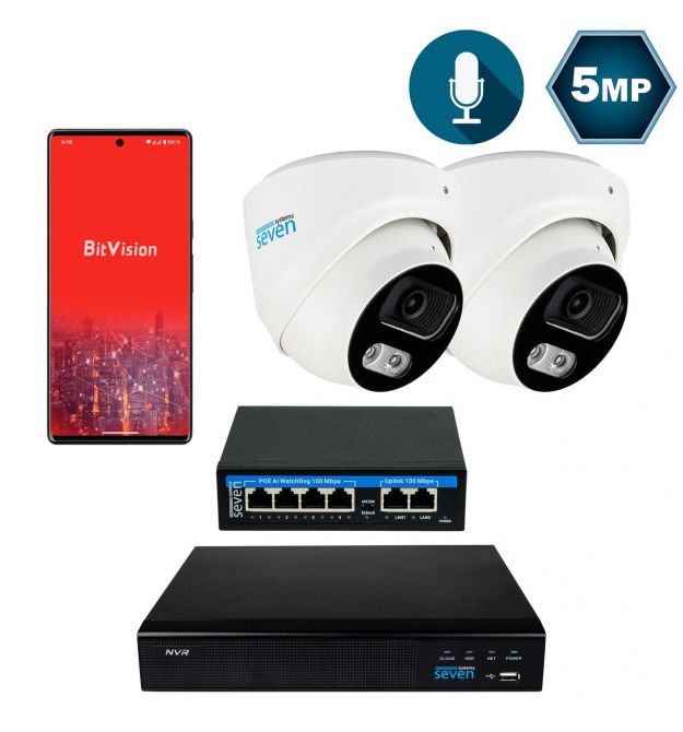 Комплект видеонаблюдения на 2 купольные 5 Мп IP-камеры SEVEN IP-7215W2-5MP
