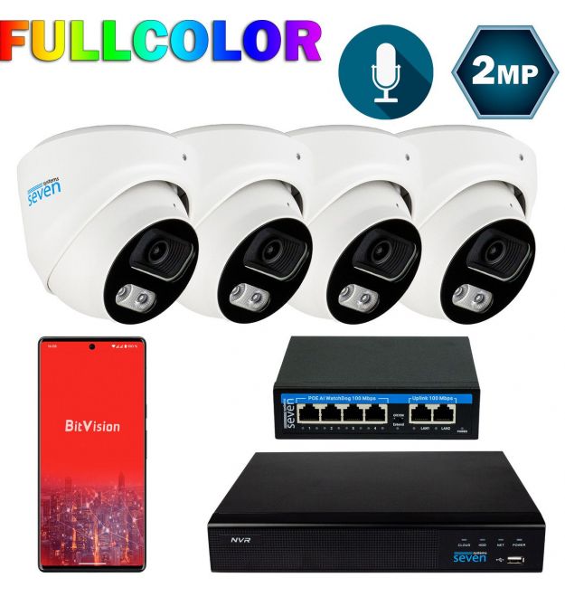 Комплект видеонаблюдения на 4 купольные 2 Мп FULL COLOR IP-камеры SEVEN IP-7212W4FC-2MP