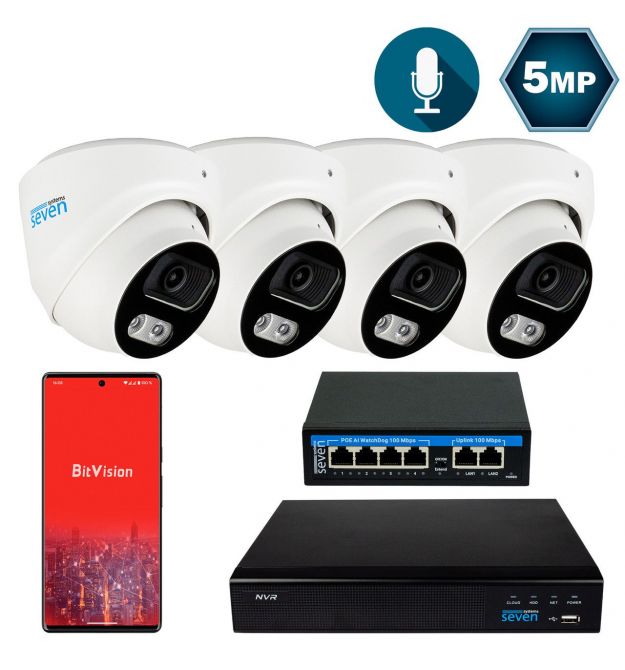 Комплект видеонаблюдения на 4 купольные 5 Мп IP-камеры SEVEN IP-7215W4-5MP