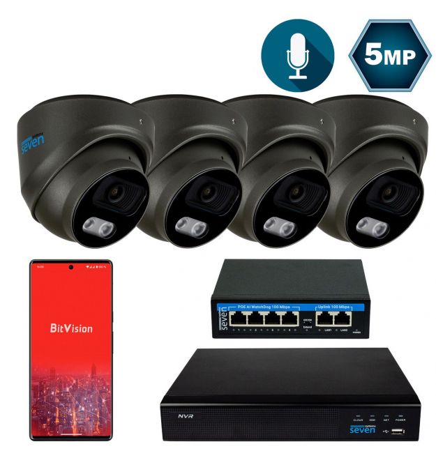 Комплект видеонаблюдения на 4 купольные 5 Мп IP-камеры SEVEN IP-7215B4-5MP