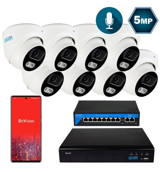 Комплект видеонаблюдения на 8 купольных 5 Мп IP-камеры SEVEN IP-7215W8-5MP