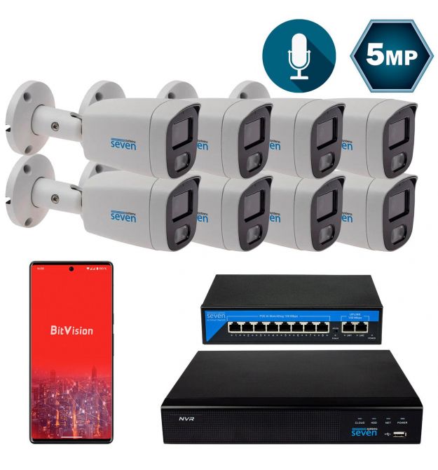 Комплект видеонаблюдения на 8 цилиндрических 5 Мп IP-камер SEVEN IP-7225W8-5MP