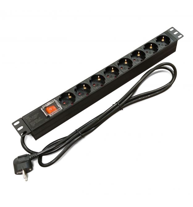 Блок 19" на 8 роз. нем. станд., 16А, 1U, с выключателем, шнур 1.8м